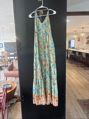 Aakaa Mint Floral Halter Maxi Dress with Peach Accents